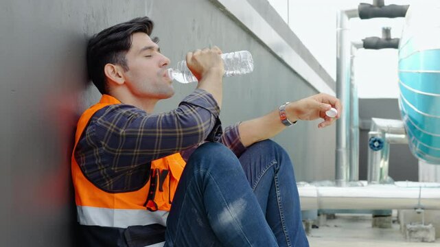 Portrait handsome tired Caucasian Professional inspector Construction maintenance worker engineer with Uniform sitting resting take a break and drinking water at rooftop of a building