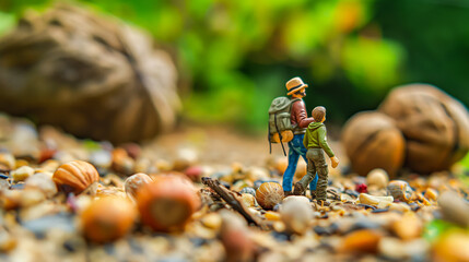Two miniature figures hiking on a trail of mixed nuts and seeds representing an adventurous journey in nature.