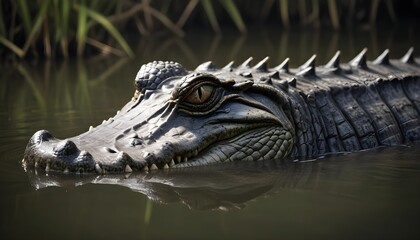 Obraz premium In the murky waters a formidable crocodile lurks and its sinister gaze fixed on its surroundings with sharp focus