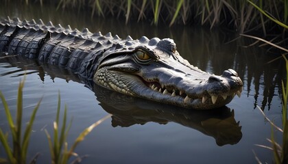 Obraz premium In the murky waters a formidable crocodile lurks and its sinister gaze fixed on its surroundings with sharp focus