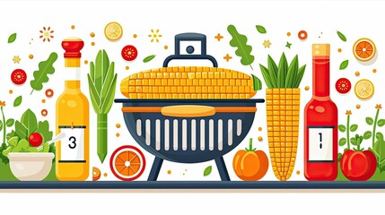 Colorful summer BBQ with corn on the grill, fresh veggies, and condiments; lively and inviting backyard setup