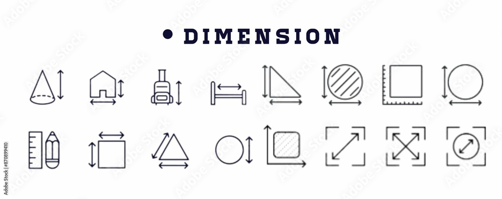 Wall mural dimension, area and perimeter measure concept editable stroke outline icons set