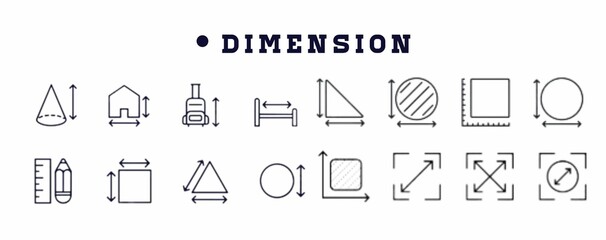 Dimension, area and perimeter measure concept editable stroke outline icons set