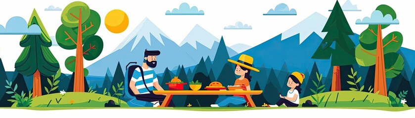 Fototapeta premium Family enjoys picnic in vibrant forest with snowy mountains under sunny sky; mood: cheerful, atmosphere: serene