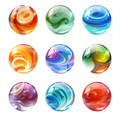 A set of nine vibrant, colorful marbles with swirling patterns against a plain black background.