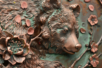 Bear, with plum blossoms in the background, petals falling. Generative AI