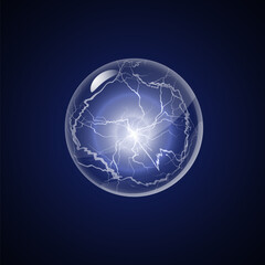 3D glass sphere with glowing lightning inside. Isolated dark background.