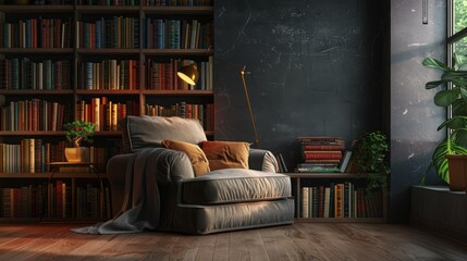 A cozy reading nook with books piled around a comfortable chair