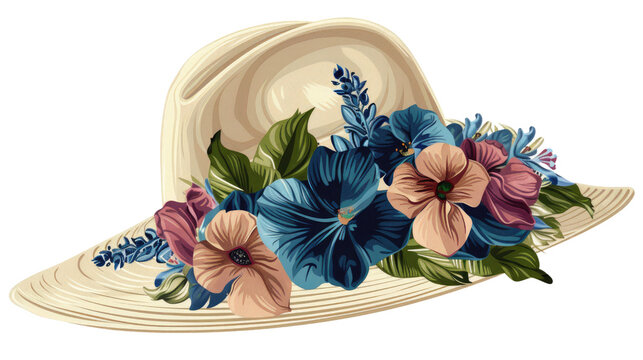 Summer hat with floral design on white background or PNG