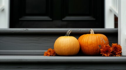 Two pumpkins and flowers sit on porch steps