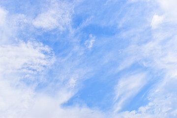 beautiful blue sky and white fluffy group of clouds with sunrise in the morning, natural background