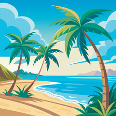 Obraz premium Summer tropical palms trees landscape with calm sea or ocean water, beach with sand