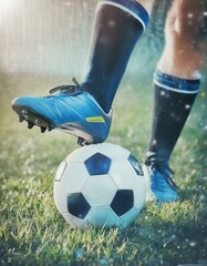 Fototapeta premium Soccerball being Kicked by Player - Football Game - Ball being Kicked by Soccerplayer wearing Kicks - Ball right before Goal or Impact - Special Effects in Stadium - Start of the Sports Game