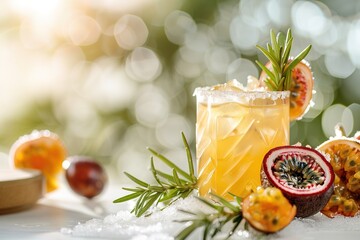 A glass of passion fruit cocktail with ice sits next to half an open rosemary and other fruits on a table. On a light background,