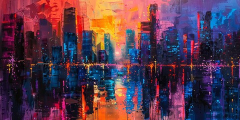 Fototapeta premium Vibrant Abstract Cityscape at Sunset with Reflections
