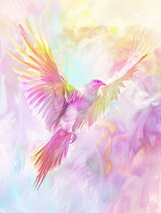 A vibrant graphic design of a soaring bird with outstretched wings