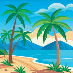 Fototapeta premium Summer tropical palms trees landscape with calm sea or ocean water, beach with sand
