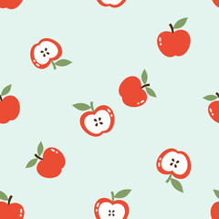 Seamless pattern of apple with green leaves on green background vector. Cute fruit print.