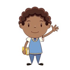 Boy student holding book, school uniform, waving hand