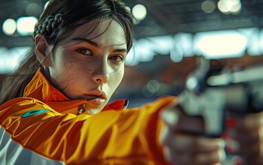 Obraz premium Focused young woman aiming a gun with determination, wearing an orange jacket in an indoor setting, showcasing action and precision.