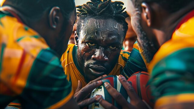 Intense rugby players in a scrum, focused and determined, wearing colorful jerseys with a close-up of the ball held tightly. - Powered by Adobe