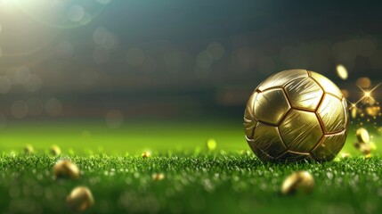 Fototapeta premium Banner with golden soccer ball on with con stack in soccer stadium