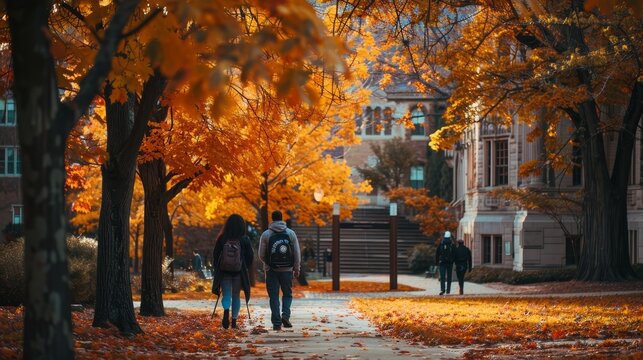 Students walking on a university campus in autumn, surrounded by vibrant fall foliage and historical buildings.