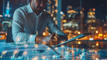 Business professional working at night in an urban office, analyzing data and graphs with city lights in the background.