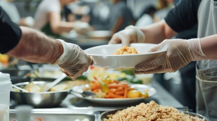 Hand serves food to waiting recipient in busy kitchen