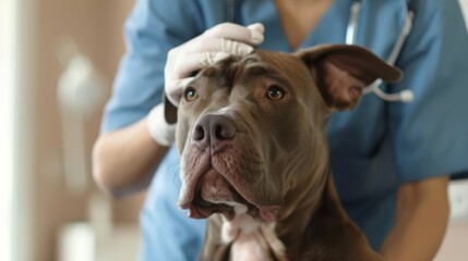 Vet assesses head wound on a dog during a medical check-up at a veterinary clinic