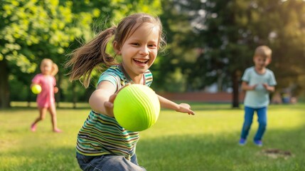 Obraz premium Happy children playing with a ball in a park