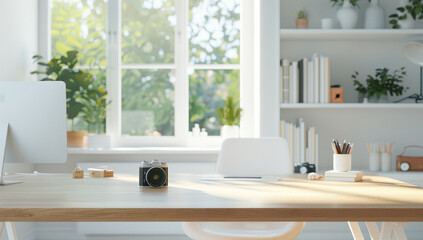 A clean and organized office space with a desk, chair, and a camera on it by AI generated image