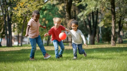 Fototapeta premium Happy children playing with a ball in a park