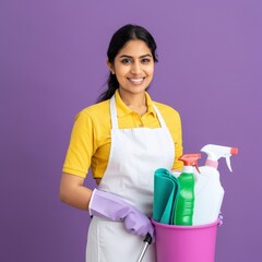 Confident Young Female Cleaner Holding Cleaning Supplies Against Purple Background