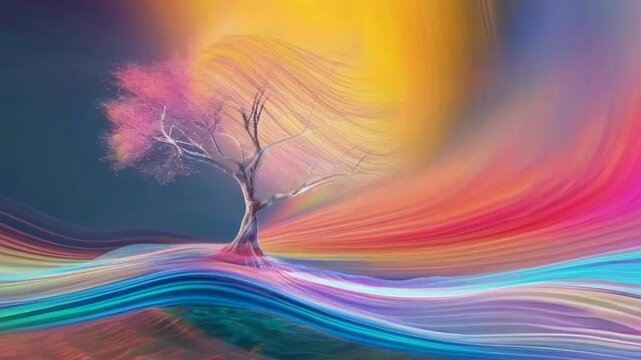 An abstract image of a single tree on a hill with vibrant multicolored swirling lights around it. The scene, depicted at night, evokes a dreamy and surreal mood.