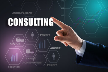 Businessman touching word Consulting on virtual screen, closeup