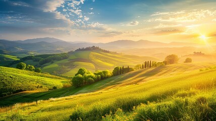 Naklejka premium Glorious Sunset Over Rolling Tuscany Hills and Green Countryside Landscape
