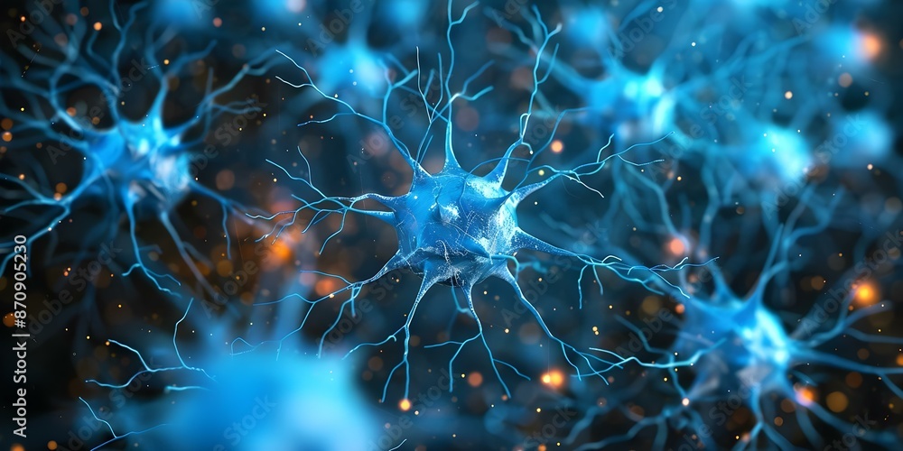 Poster creating a 3d visualization of neurons with blue color, electrical pulses, and synaptic connections.