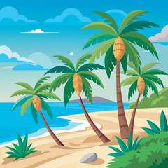 Fototapeta premium Summer tropical palms trees landscape with calm sea or ocean water, beach with sand
