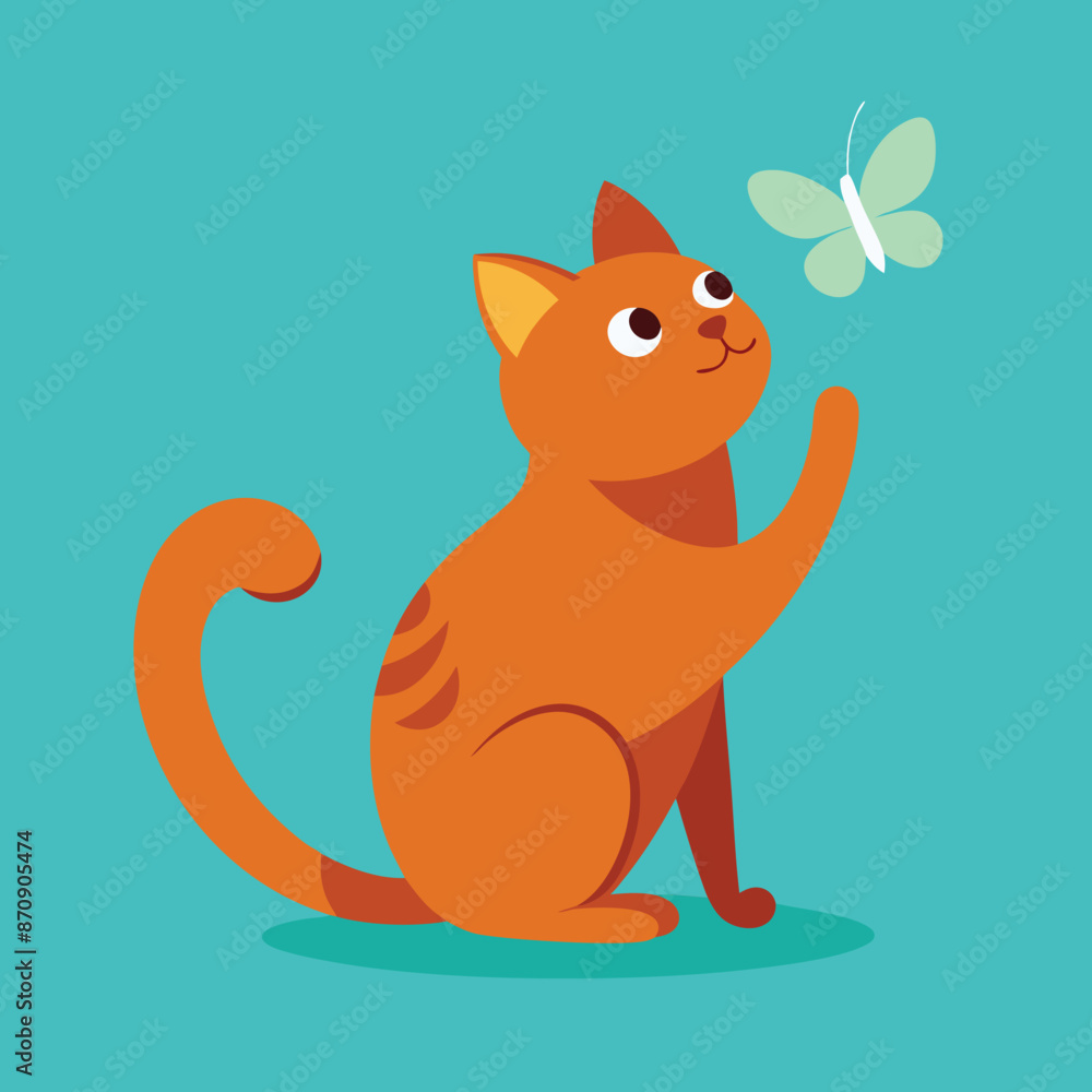 Poster silhouette of a cat playing with a butterfly, design element isolated on a white background. vector 