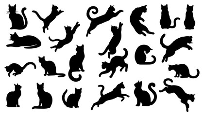 Vector illustration. Silhouettes of black cats. Set of animal stickers. Large set.	