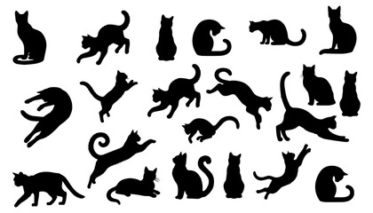 Vector illustration. Silhouettes of black cats. Set of animal stickers. Large set.	