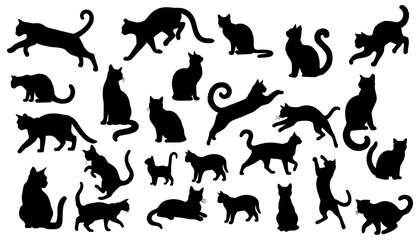 Vector illustration. Silhouettes of black cats. Set of animal stickers. Large set.	