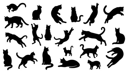 Vector illustration. Silhouettes of black cats. Set of animal stickers. Large set.	