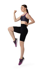 Young woman doing aerobic exercise on white background