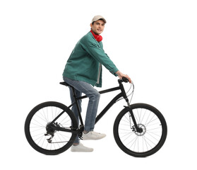 Man with headphones riding bicycle on white background
