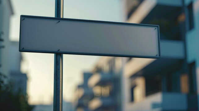 A blank signpost against a blurry urban backdrop