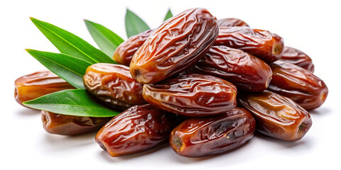 Dried dates with leaves isolated on white background top view