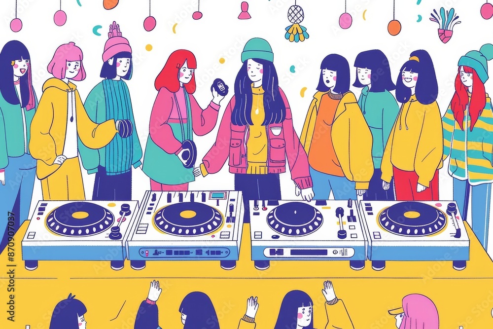 Poster stylized illustration of diverse djs mixing music at a colorful event with vibrant characters and pa