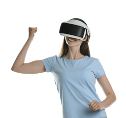 Smiling woman using virtual reality headset on white background